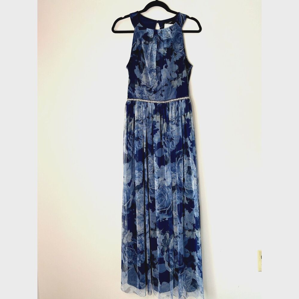Blue Floral Maxi Dress with Beaded Waist